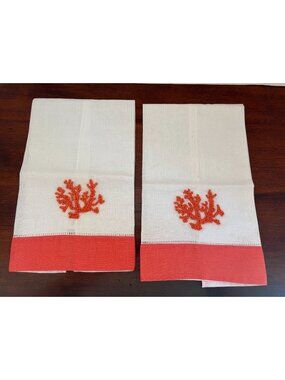 Mud Pie White Guest or Tea Towels Featuring Orange Coral Embroidery (Qty. 2)